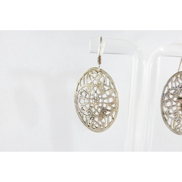 Pre-owned Oval Pierced Plaque Dangle Earrings in Sterling Silver 1 5/8" Drop - Picture 9 of 10